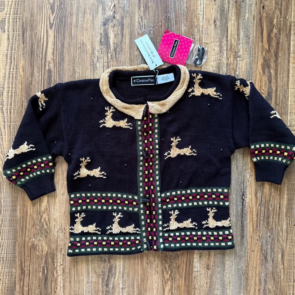 NEW VTG Christine Foley Sweater Kids Size 5/6 Reindeer Holiday‎ Christmas RARE